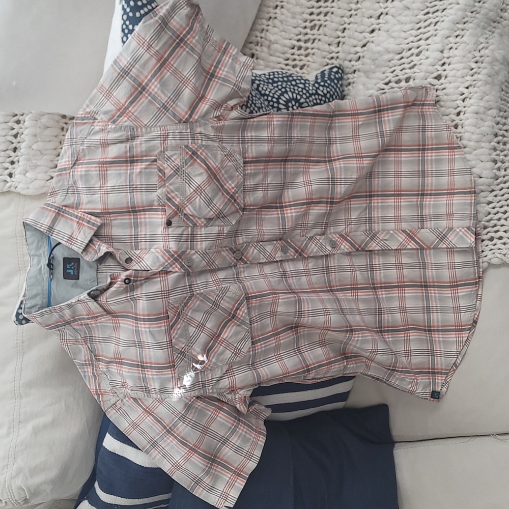 Just Keep Livin Short Sleeve Plaid Button Down Casual Shirt M Orange/Gray